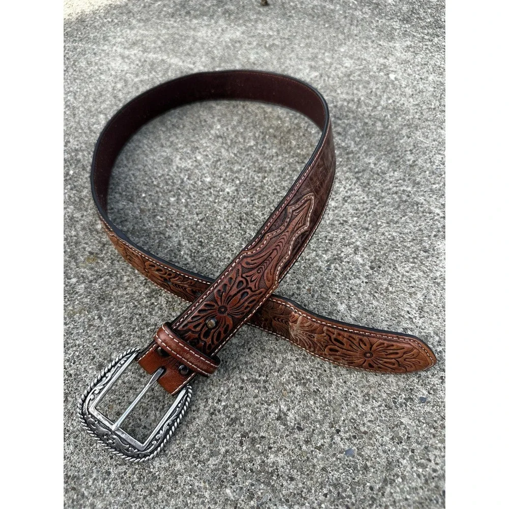 Ariat Mens Brown Crocodile Floral Tabs Leather Western Cowboy Belt - Size 38 -
